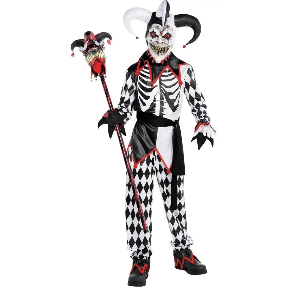 5pc. Sinister Jester Costume Mask Medium 8-10 Scary Red‎ Eye Clown Halloween